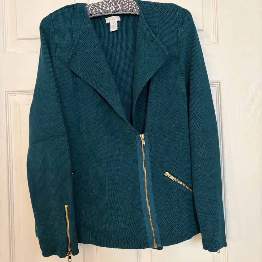 CHICO’S Teal Women's Blazer with Gold Zipper Size 2